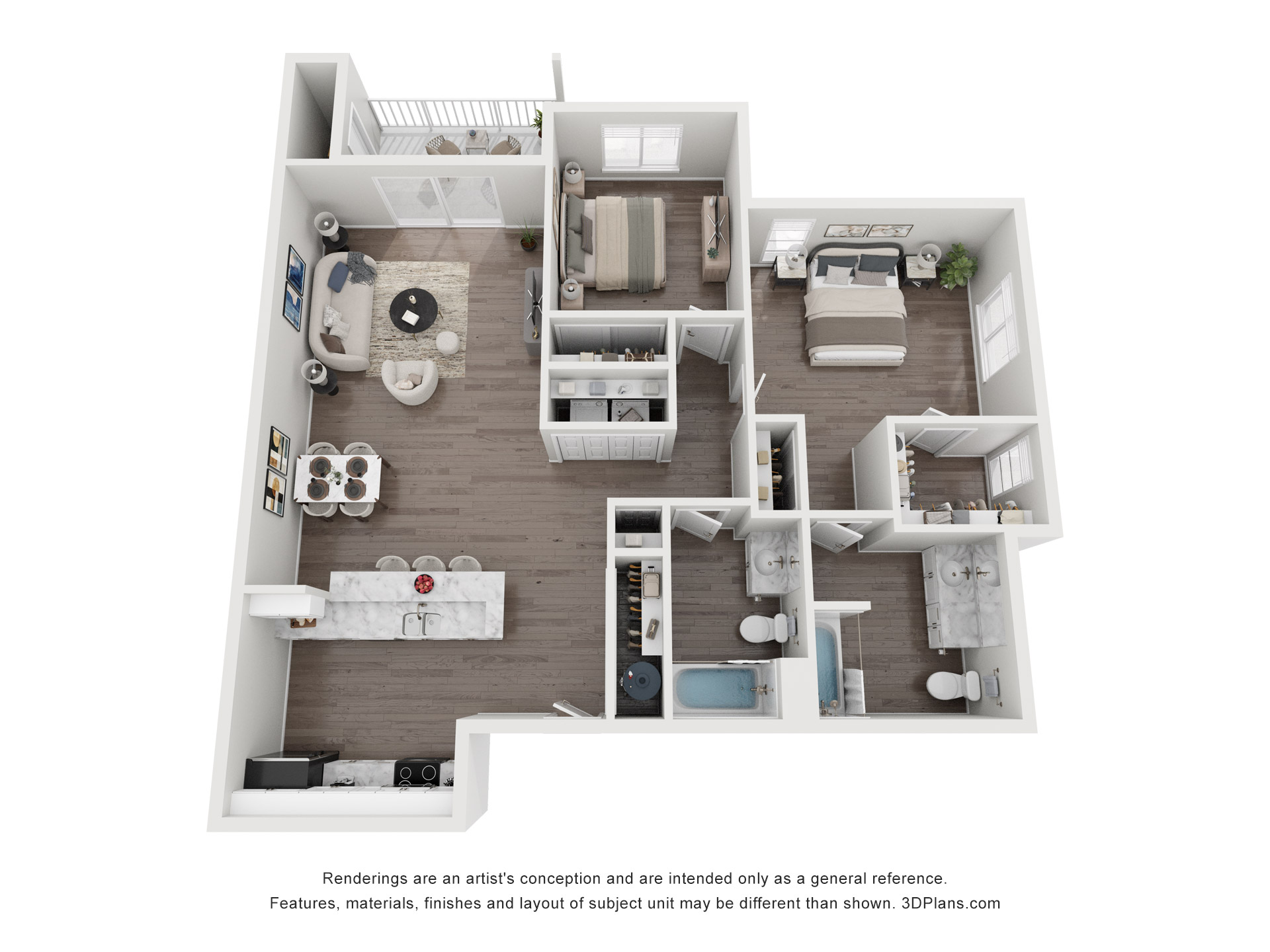 Floor plan for 2 beds, 2 baths, 1042 sqft